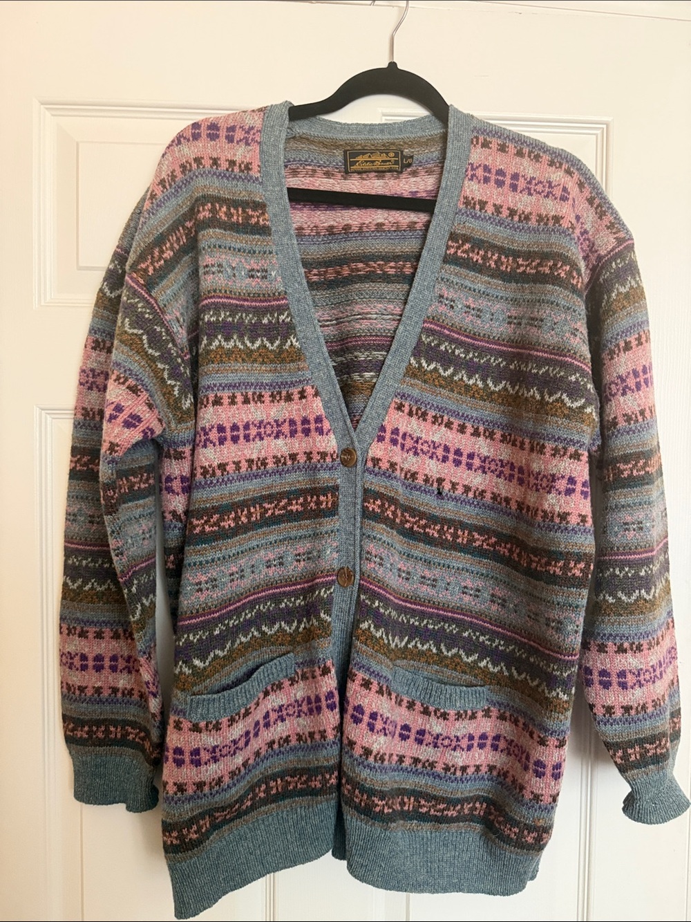 Vintage Wool Eddie Bauer Pink Multi-Pattern Button Cardigan Large - AS IS